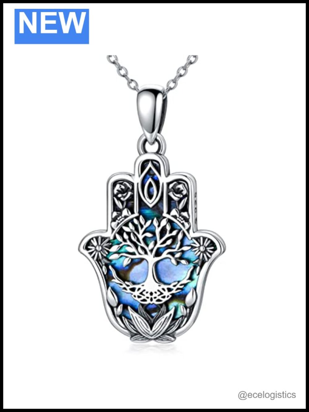 925 Sterling Silver Abalone Shell Tree of Life Hamsa Pendant Necklace 18+2"
